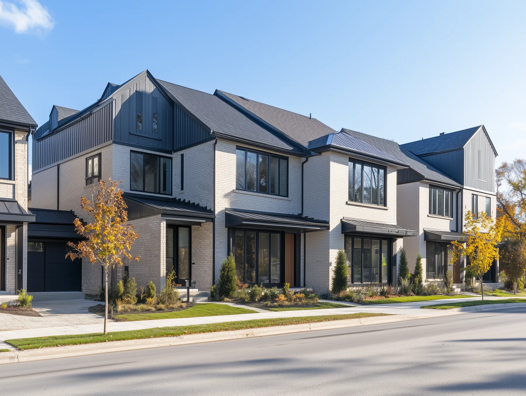 Illustrative modern home with large windows and landscaped grounds